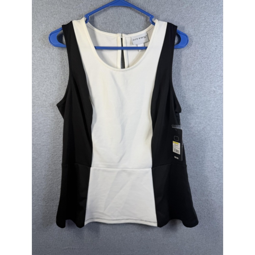 Pure Energy Blouse Womens 1X Black White Colorblock Peplum Sleeveless Career Top